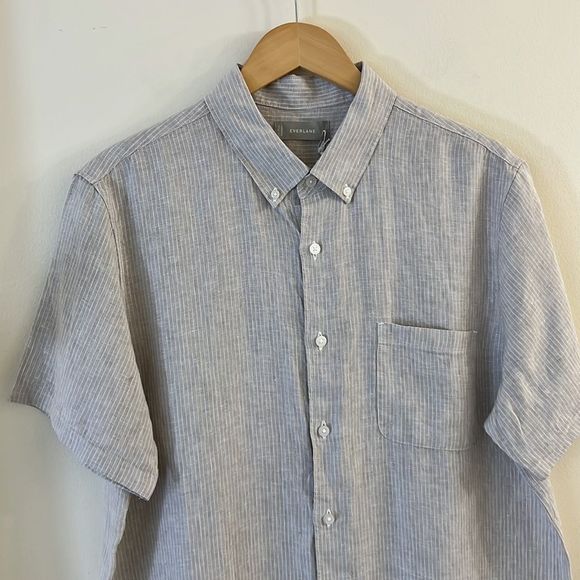 NWT Everlane The Linen Short-Sleeve Standard Fit Shirt Stone/White Stripe Size L - Picture 5 of 13